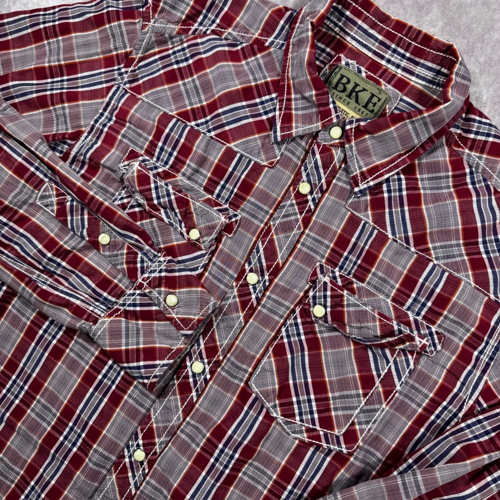 BKE Mens Athletic Fit Plaid Button Down Shirt Red White Blue JW044 Large